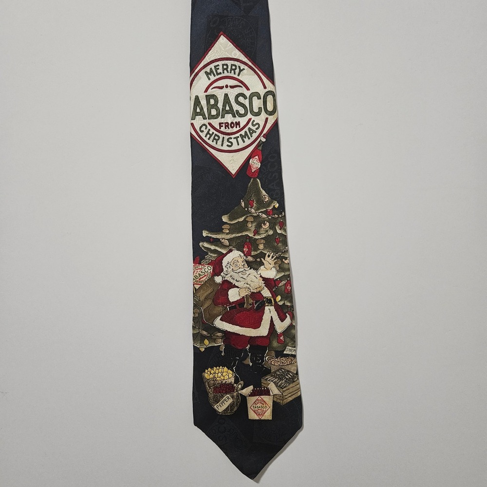 Tabasco Mens Christmas Santa Silk Tie Navy Blue‎ Holiday Novelty Hot Sauce USA